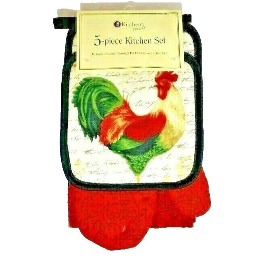 French Country Rooster Kitchen Towel Oven Mitt Potholders Farmhouse 5-Pc Gift